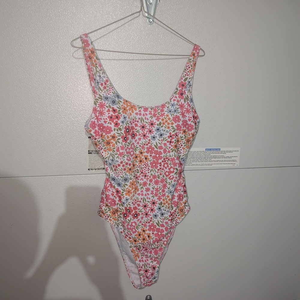 ROMWE Floral One Piece Swimsuit - Pink and Orange